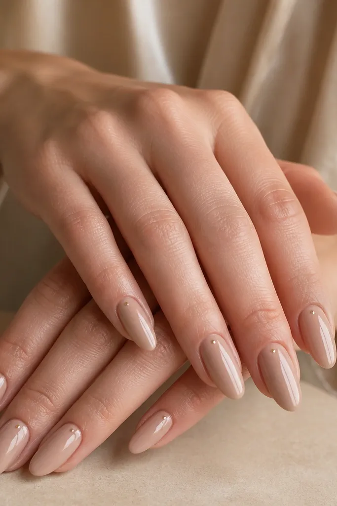 Almond nails in a nude-beige glossy finish with one tiny gold dot near the cuticle on each nail. The dots are centered and small, like a pinpoint.