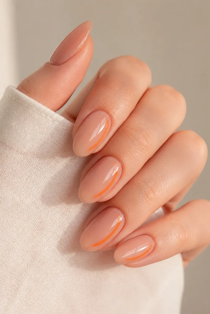 Sheer rosy almond nails with a tiny orange crescent shape on the outer half of each nail. The crescent is thin and glossy, and the rest of the nail is translucent.