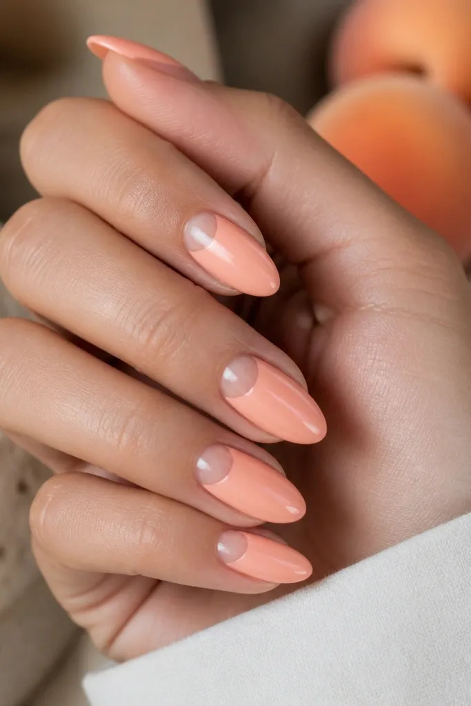 Almond nails with a peach sorbet glossy base. A clean negative-space half moon sits at the cuticle, leaving the center of the nail clear.