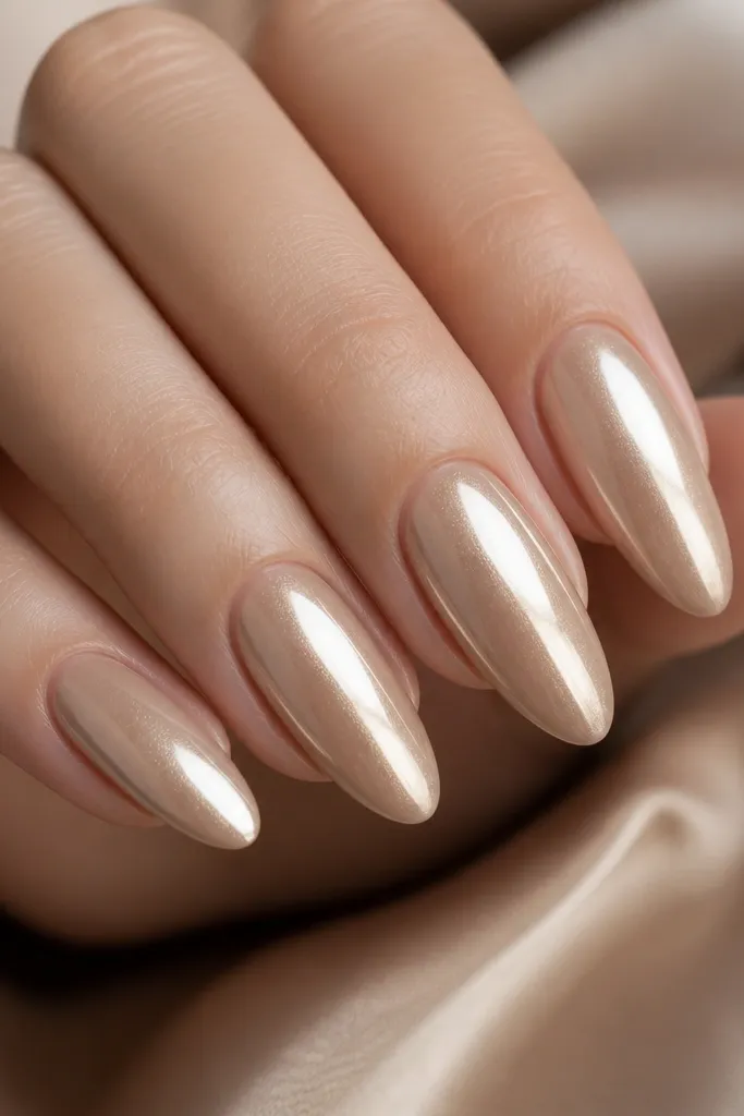 Almond nails with a nude-beige base and a champagne chrome overlay that creates a soft metallic sheen. The chrome reflects light like a fine shimmer.