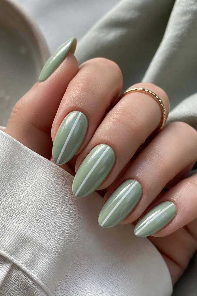 Almond nails in seafoam green glossy polish with a crisp white vertical pinstripe running from near the cuticle to the tip on each nail.