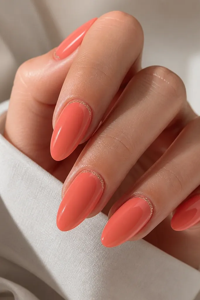 Coral glossy almond nails with a thin micro-glitter halo around the cuticle area, like a delicate ring.