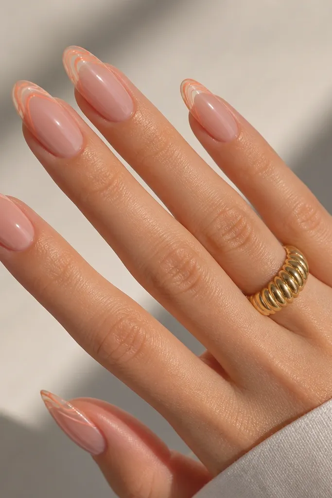 Clear pink translucent almond nails with peach swirl tips. The swirls sit on the free edge and look like thin lines curling inward.