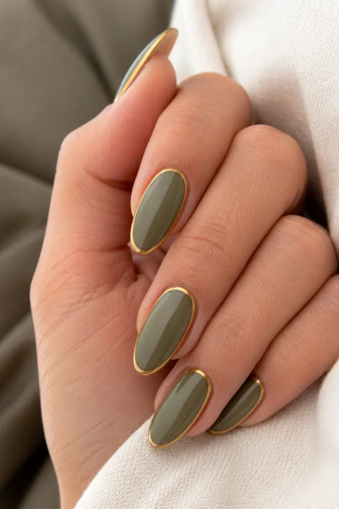 Olive sage green almond nails with a thin gold border line tracing the outer edge of each nail. The rest of the nail is solid color.