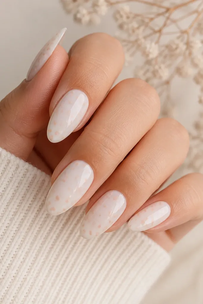 Bright white almond nails with tiny peach confetti dots scattered across the surface. The finish is glossy and clean.