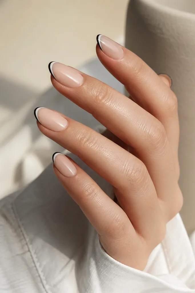 Nude-beige almond nails with a thin French tip. The French tip has a delicate black outline around the white interior line.