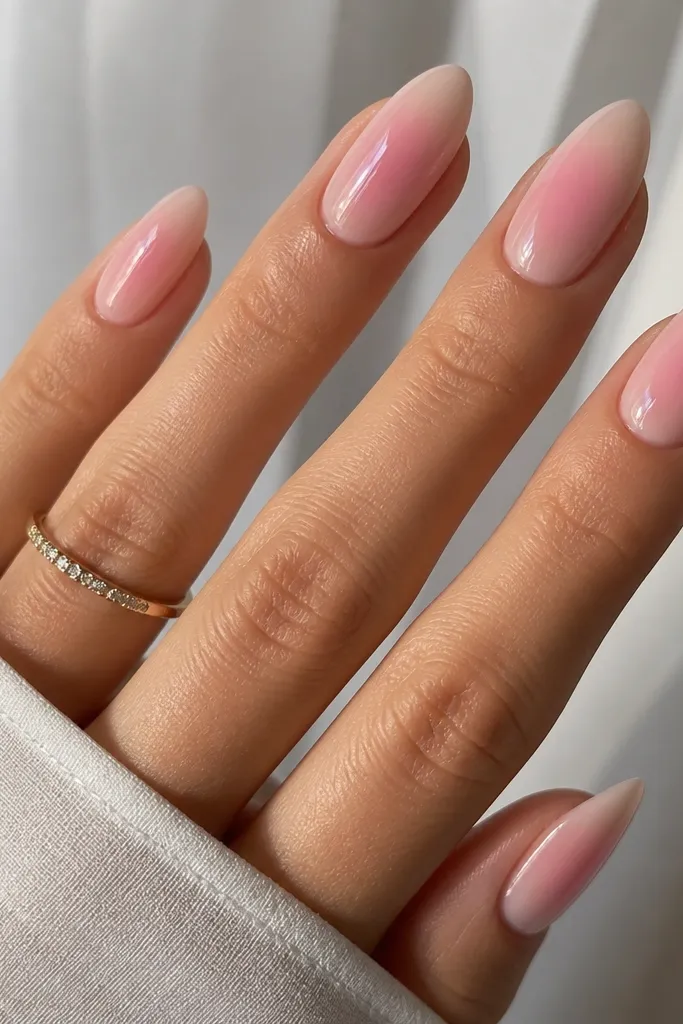 Soft nude almond nails with a subtle pink aura glow centered around the middle of each nail, fading outward. The finish is glossy.