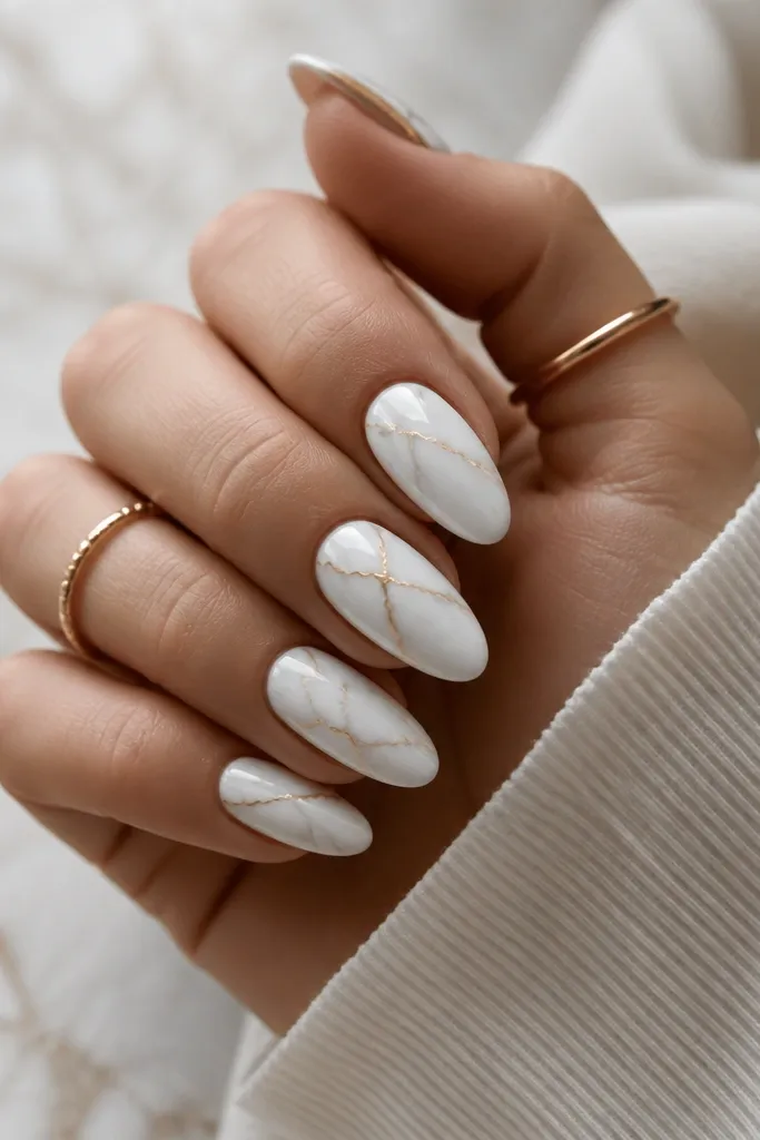 White marble almond nails with soft gray veining and a thin gold line running through the marble like thread.
