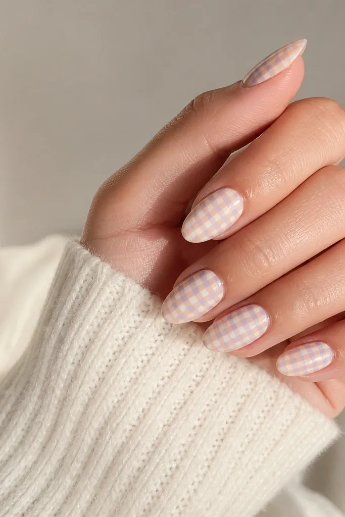 Almond nails with a sheer pink base and pastel gingham checks in light blue and cream. The checks look small and evenly spaced.