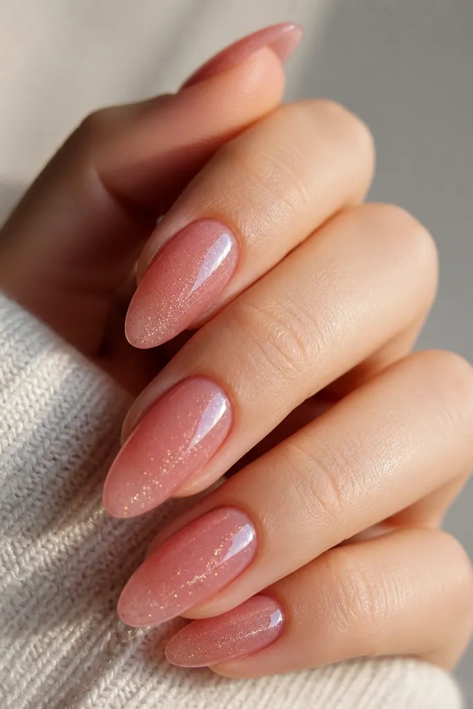 Almond nails with a pink jelly translucent finish and fine gold micro-sparkle suspended throughout. The look is glossy and even.