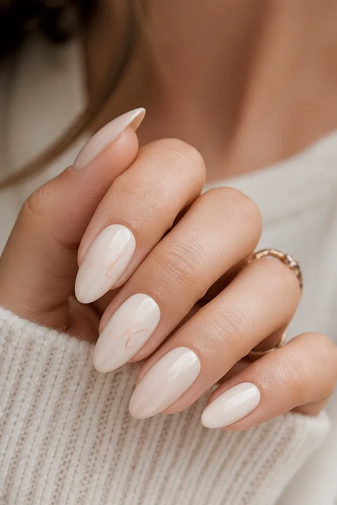 Cream glossy almond nails with one or two nails featuring a small peach script letter near the center or toward the tip. The script looks thin and clean.