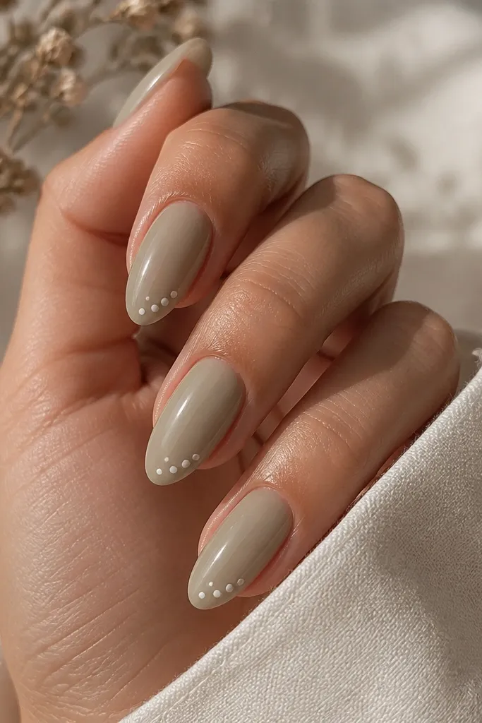Sage nude glossy almond nails with a small cluster of 3 to 5 white dots arranged diagonally near the tip. The dots are crisp.