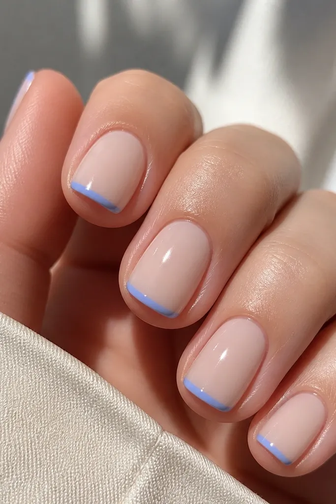 Close-up of short squoval nails with a sheer milky nude base. The French tips are tiny and crisp in icy cornflower blue, painted as a thin curved line that sits just under the nail edge. High-gloss finish, no glitter, clean cuticle line.
