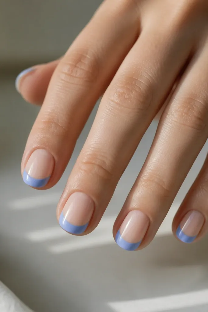 Short squoval nails with a sheer nude base. Instead of a full tip, the blue forms a half-moon shape near the free edge, like a crescent. The rest of the nail stays nude and glossy.