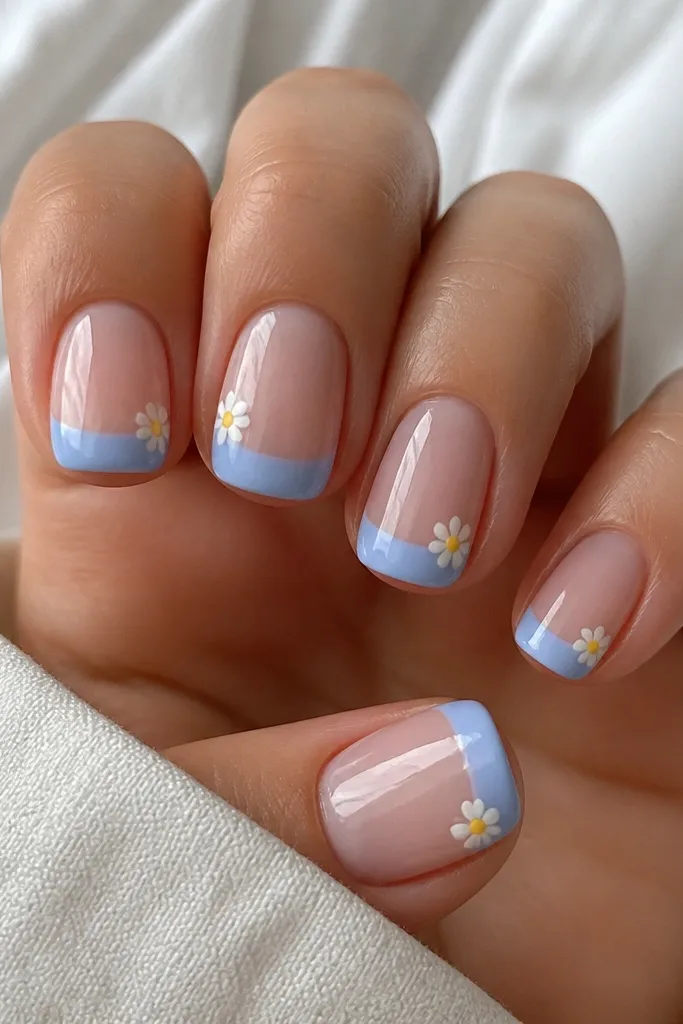 Short squoval nails with a sheer base. The French tips are soft sky blue, and on each tip there's a tiny white daisy with a yellow center dot near one side. Glossy finish.
