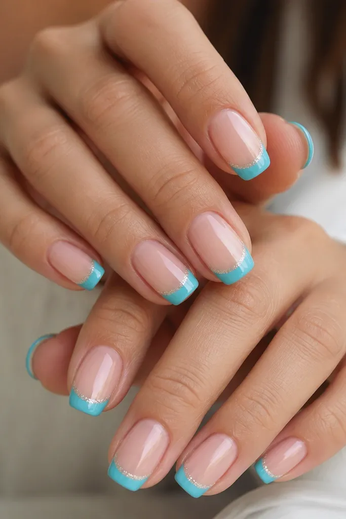 Medium squoval nails with a sheer pink base. Cyan blue French tips are clean and glossy. Right along the smile line, there's a thin dusting of fine silver micro glitter that sparkles only at the curve.