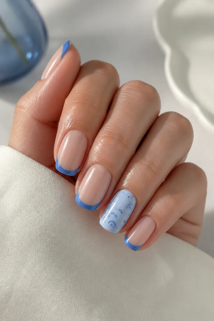 Assorted nails: most nails have classic French tips in medium blue on nude bases. One accent nail has a different blue - lighter icy blue - with a tiny crescent or dot pattern. Each nail stays glossy and clean at the cuticle.