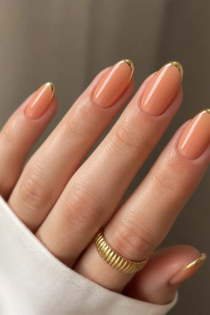 Almond nails painted in a creamy caramel-apricot nude. The tips have a thin, curved gold chrome arc centered on each nail, with a mirror-like shine and a glossy top coat.