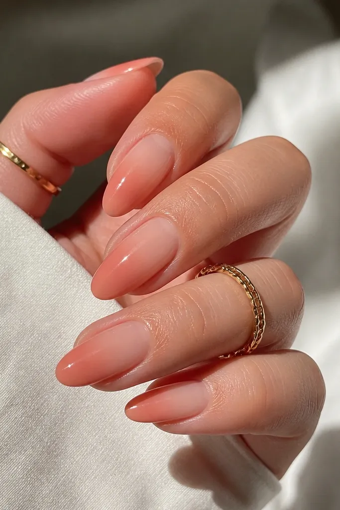 Almond nails with a warm nude cuticle. The rest of each nail fades into a dusty peach jelly gradient, lighter near the cuticle and deeper at the tip, finished with high-gloss shine.
