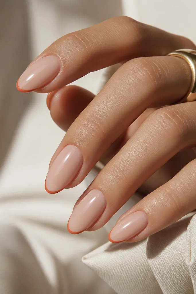 Almond nails with a sheer warm nude base. The tips have a super thin terracotta French line, slightly curved and centered, with crisp edges and glossy finish.