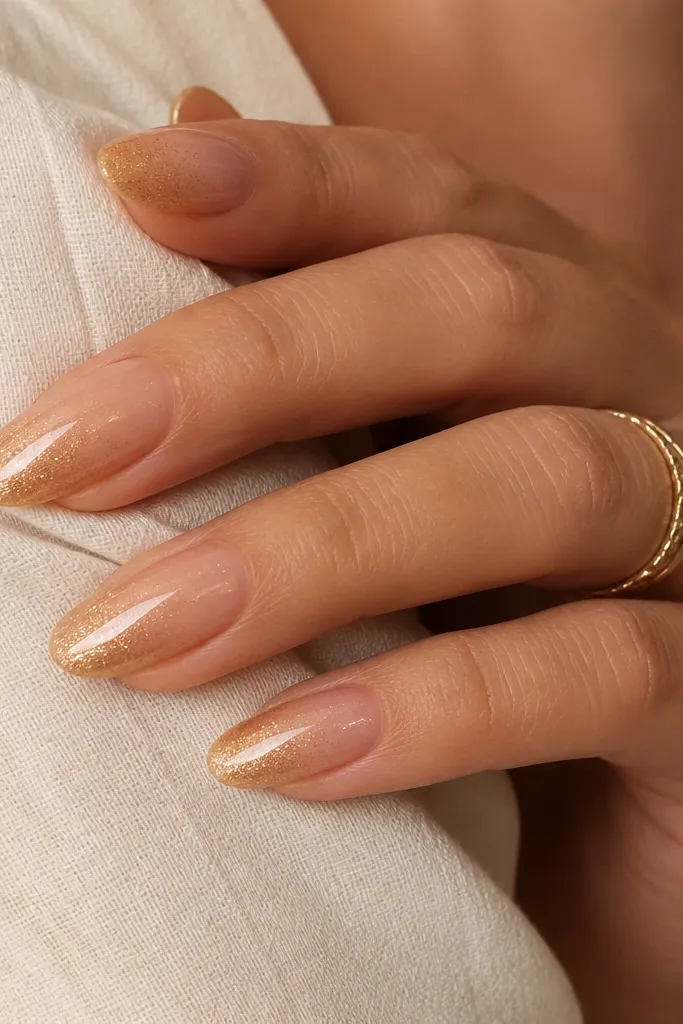 Almond nails with an apricot nude base. One to two coats of fine honey-gold shimmer are layered from mid-nail to the tip, leaving the cuticle area more nude, with glossy top coat.