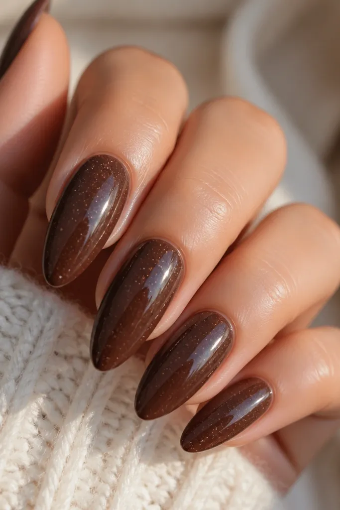 Almond nails painted a glossy warm chocolate brown. Tiny micro specks in peach (like sugar dust) are scattered lightly across the nail, with a very smooth shine.