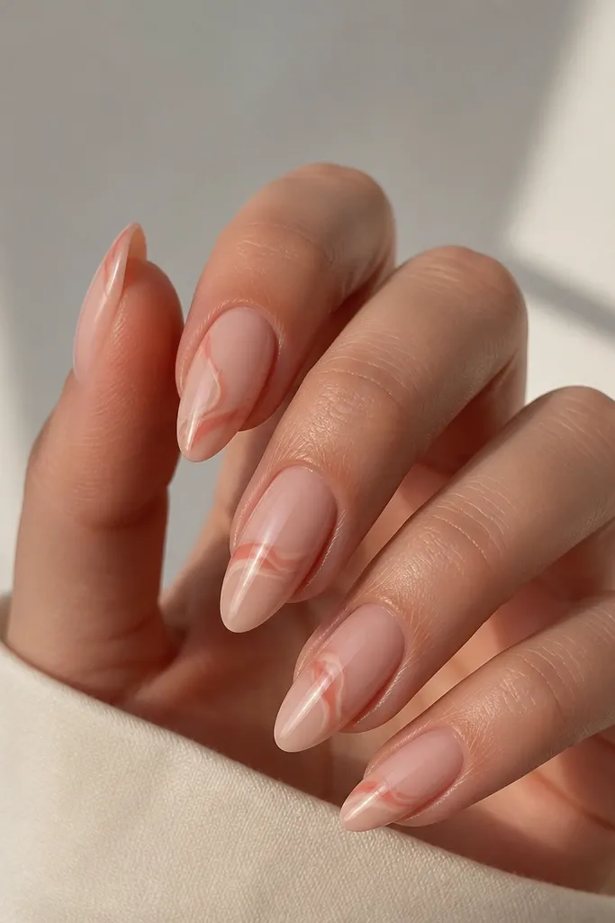 Almond nails with a nude warm base. The tips show thin apricot rose swirls, like hand-drawn ribbon curves, with glossy top coat. Each nail has a slightly different swirl direction.