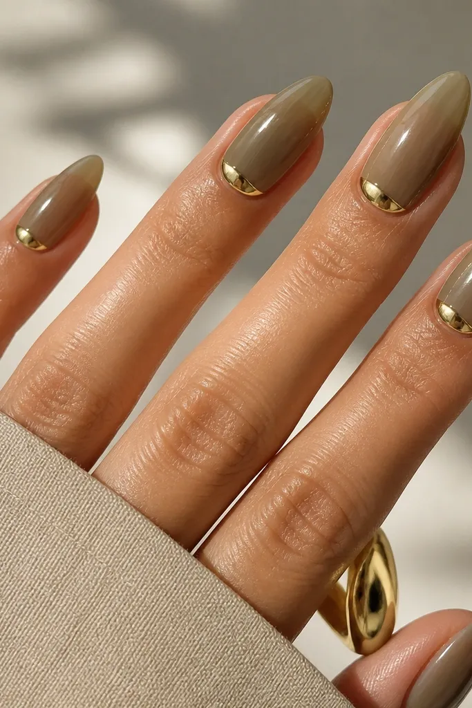 Almond nails with a translucent jelly olive nude base. At the cuticle, each nail has a warm gold half-moon shape, crisp and reflective, with a glossy finish.