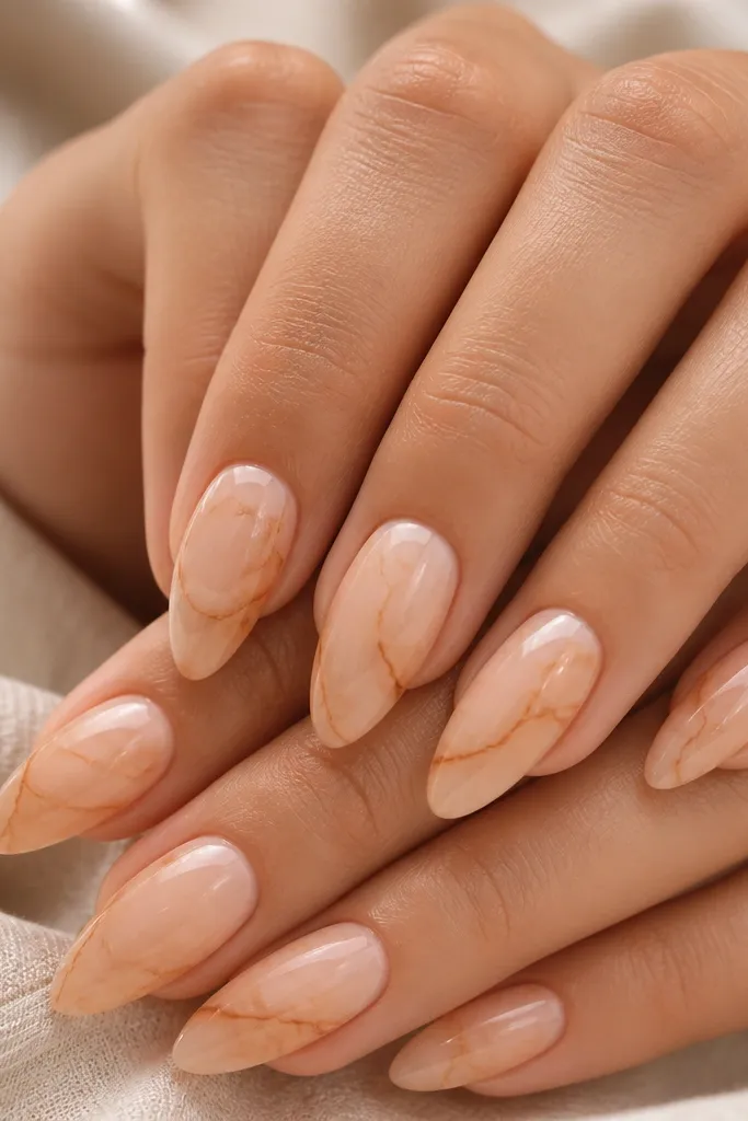Almond nails with peachy beige marble patterns. Fine cinnamon-brown veins run through the marble like natural stone, with a glossy finish and no heavy glitter.