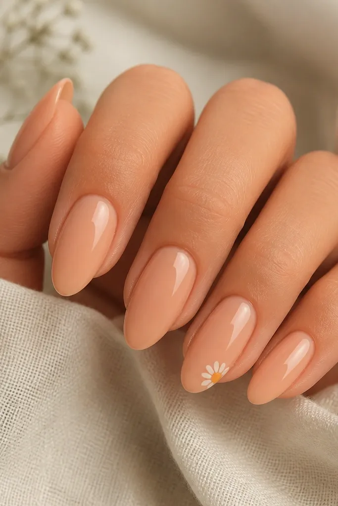 Almond nails in apricot nude. The ring finger has a tiny micro daisy near the tip with white petals and a warm yellow center; other nails are plain with glossy shine.