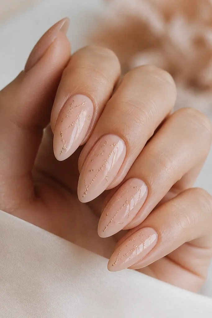 Almond nails in warm nude. Scattered tiny peachy rose dots form a constellation pattern across the center and tip, with a glossy top coat and clean edges.