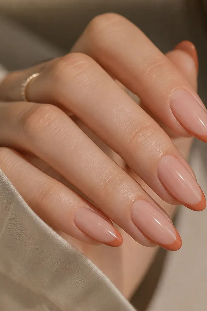 Almond nails with a sheer warm nude base. At the tip, there's a terracotta shadow effect that sits under the free edge like a soft band, with a glossy finish.