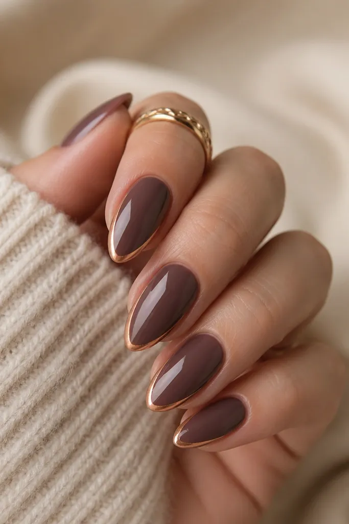 Almond nails painted a warm plum-brown creme. A thin edge line in peachy chrome runs along the outer curve of each nail near the free edge, with a high-gloss finish.