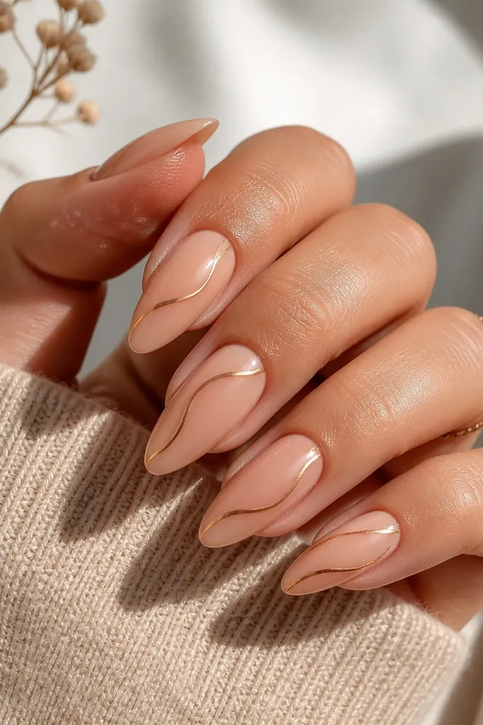 Almond nails in apricot nude. Thin bronze "thread" lines snake diagonally from mid-nail to tip on each nail, with glossy top coat and crisp, metallic look.