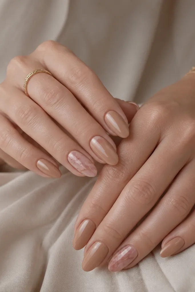Almond nails painted creamy cinnamon nude. On two accent nails, there's a soft rosy marble patch near the center and tip with thin light veining, glossy finish.
