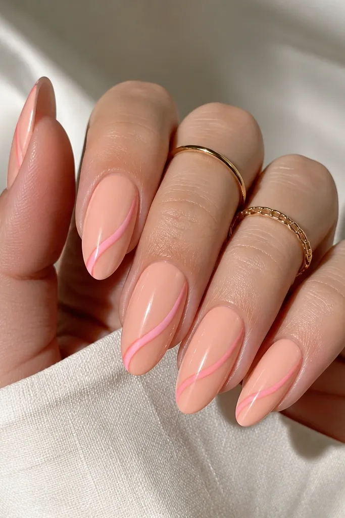 Almond nails in peachy nude. Thin warm pink swooping lines run along one side of each nail from mid to near the tip, with glossy top coat and clean, sharp edges.