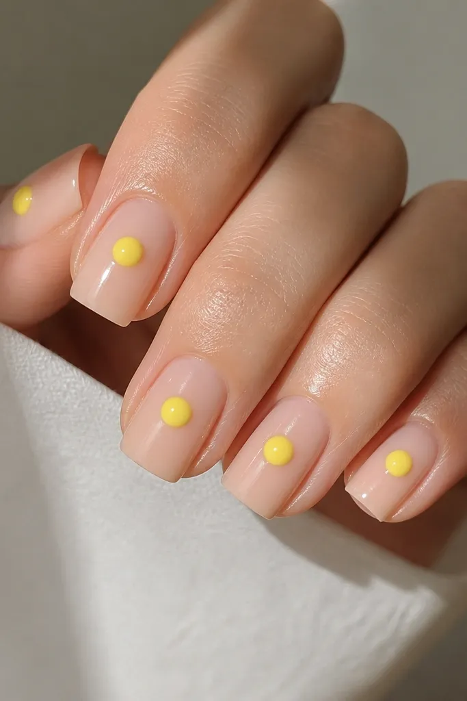 Square nails painted sheer nude. Each nail has a bright yellow 3D gel dot exactly in the center, like a tiny lemon drop with a glossy dome. No outline, just the single raised dot.