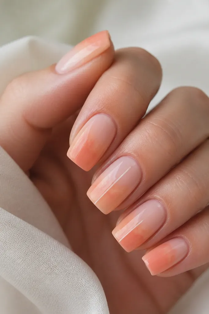 Square nails with a soft watercolor peach gradient from cuticle to tip. Thin micro white lines run vertically down the center of two accent nails, stopping before the free edge.