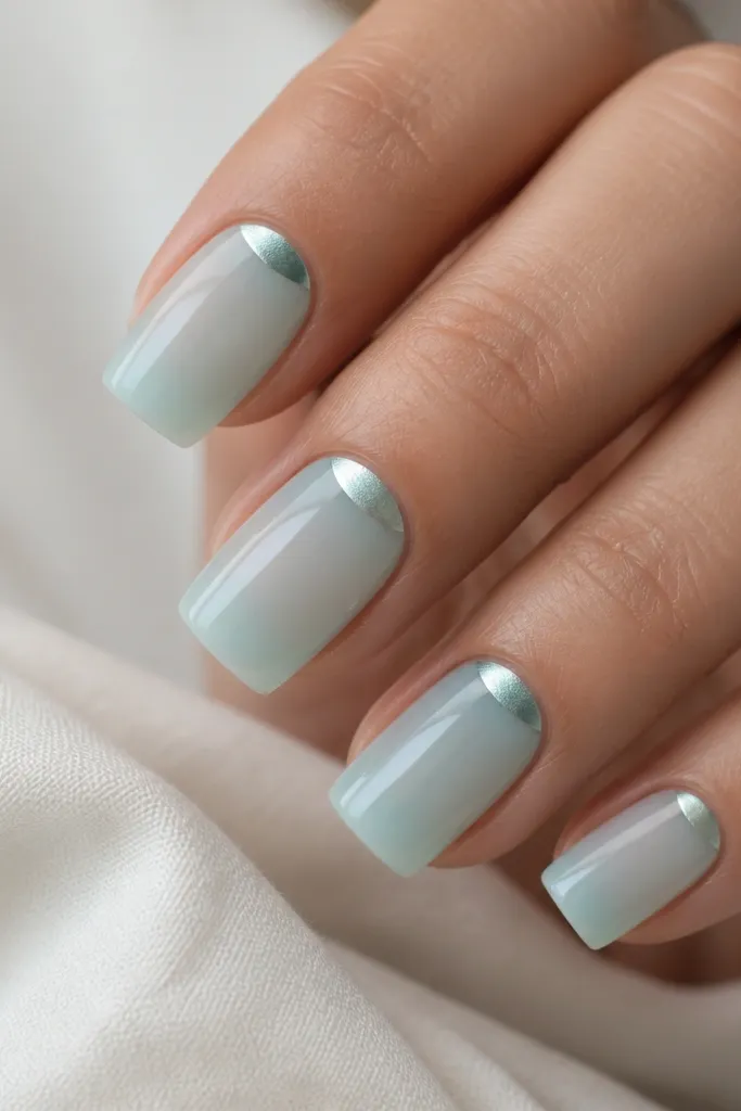Square nails in pale aqua jelly. At the cuticle area, a half-moon of sea-glass chrome runs along the natural nail curve, with a clean line and glossy finish.