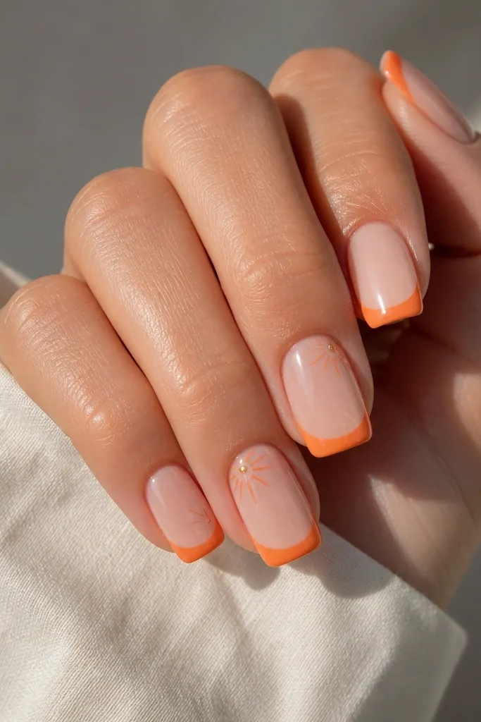 Square nails with a nude base. The French tips are tangerine orange. At one top corner of each tip, there's a tiny sunburst made from thin lines and a single micro glitter dot.