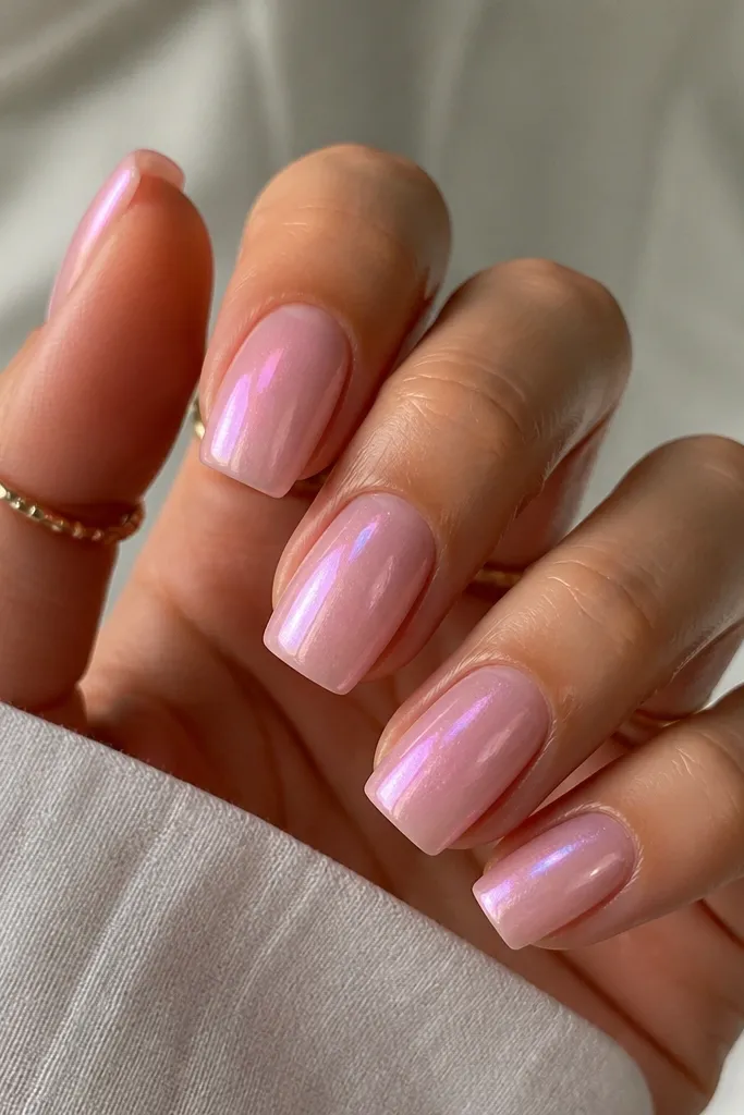 Square nails with a pale pink milky base. Chrome fades from the tip down to mid-nail in a soft ombré, like strawberry milk catching light.