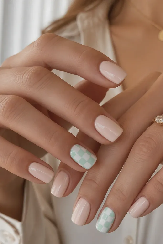 Most square nails are solid milky nude. One or two accent nails have a mint and white checkered pattern across the nail, with crisp grid lines and a glossy top coat.