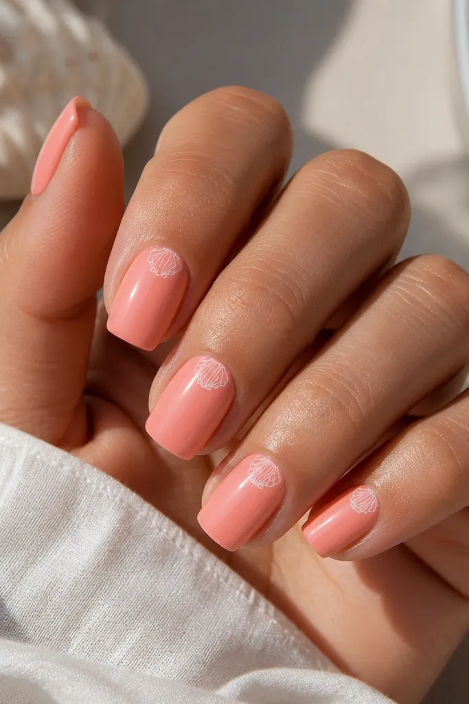 Square nails with a soft coral-pink base. On each nail, there's a tiny seashell outline in white line art near the cuticle, with a glossy finish.