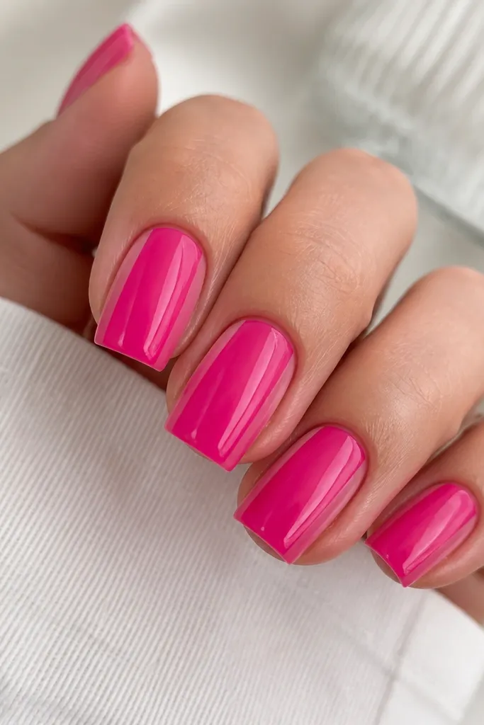 Square nails painted hot pink jelly. Two thin clear stripes run vertically down each side, leaving the middle fully colored. Glossy and bright.