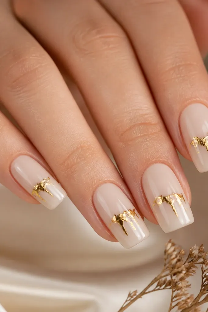 Square nails with milky nude base. At the center, a gold foil drip effect drops from mid-nail down slightly, with irregular foil edges and glossy top coat.
