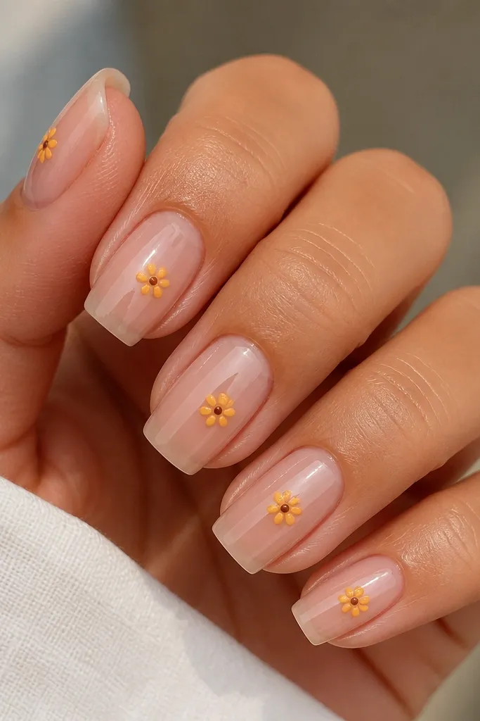 Sheer nude square nails. Each nail has a small sunflower at the center made from tiny yellow micro dots for petals and a darker tiny dot for the center, all glossy.