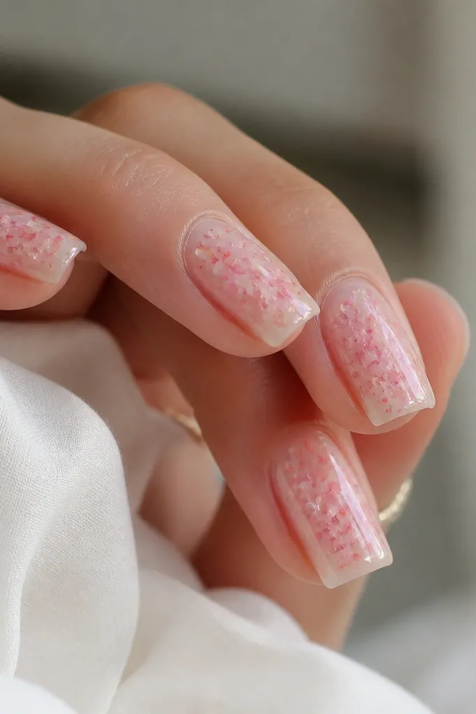 Square nails with clear or sheer base. Pink and coral micro flakes float in the middle, while the side edges are kept cleaner, creating a clear window effect.
