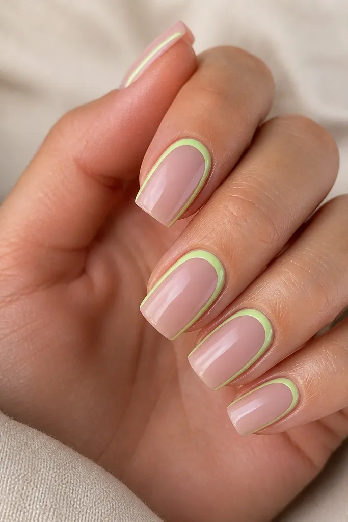 Square nails in nude pink. A neon outline frames the nail shape: a thin lime-green line runs near the cuticle edge and down both sides, leaving the center bare.