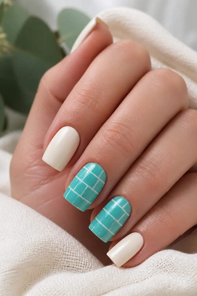Most square nails are solid cream. Two accent nails have a turquoise brick pattern made of staggered rectangles, each separated by thin white lines.