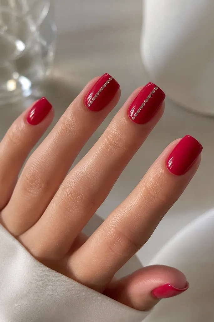 Square nails painted strawberry red. On two nails, a single micro rhinestone line runs diagonally from the center toward the upper side of the nail, with tiny stones spaced evenly.